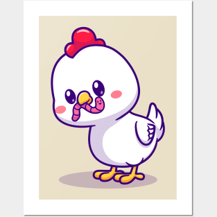 Cute Chicken Eating Worm Cartoon Posters and Art